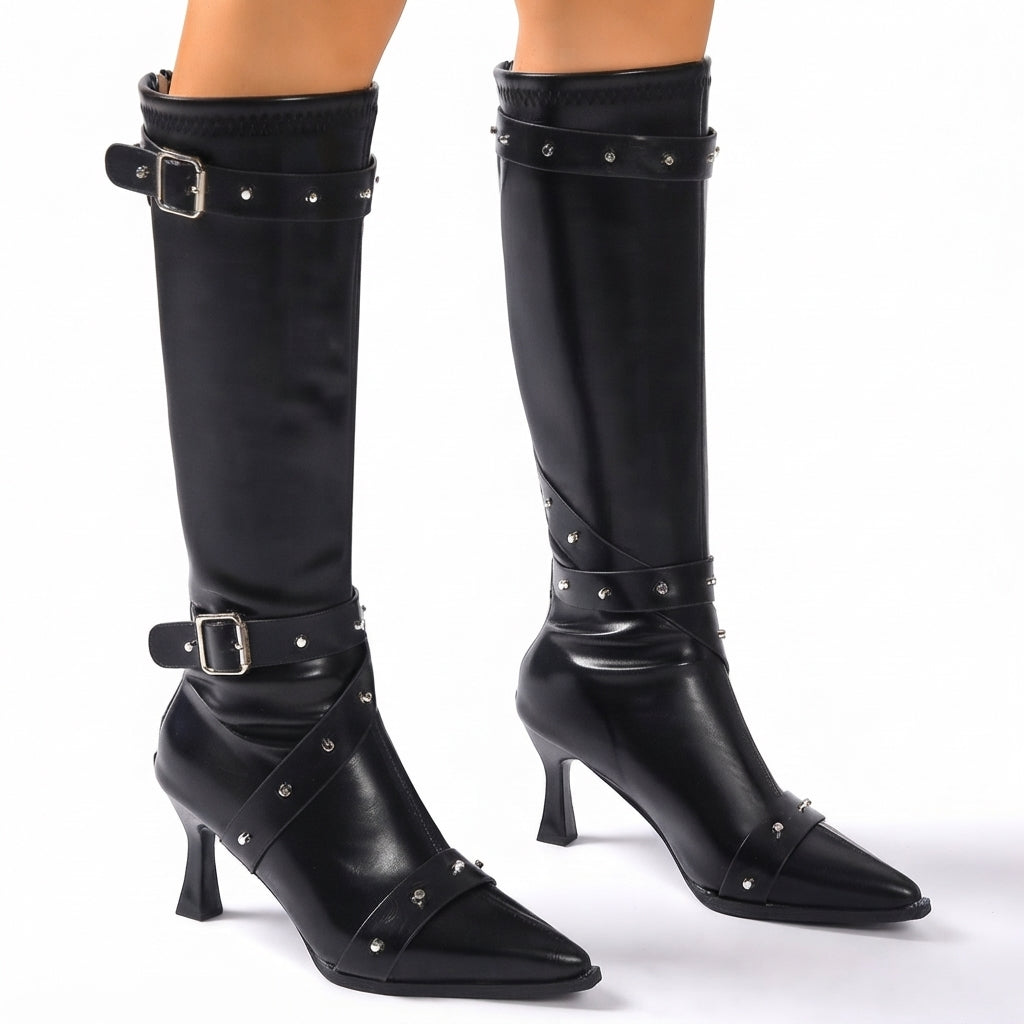 Fabiola | Women's Studded Buckle Faux Leather Pointed Toe Block Heel Knee High Boot