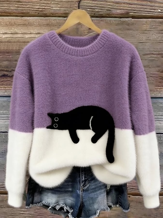 Arlene | Women's Cozy Fuzzy Colour Block Crew Neck Cute Pullover Sweater