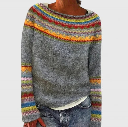 Doris | Women's Fair Isle Crew Neck Long Sleeve Knit Pullover Sweater