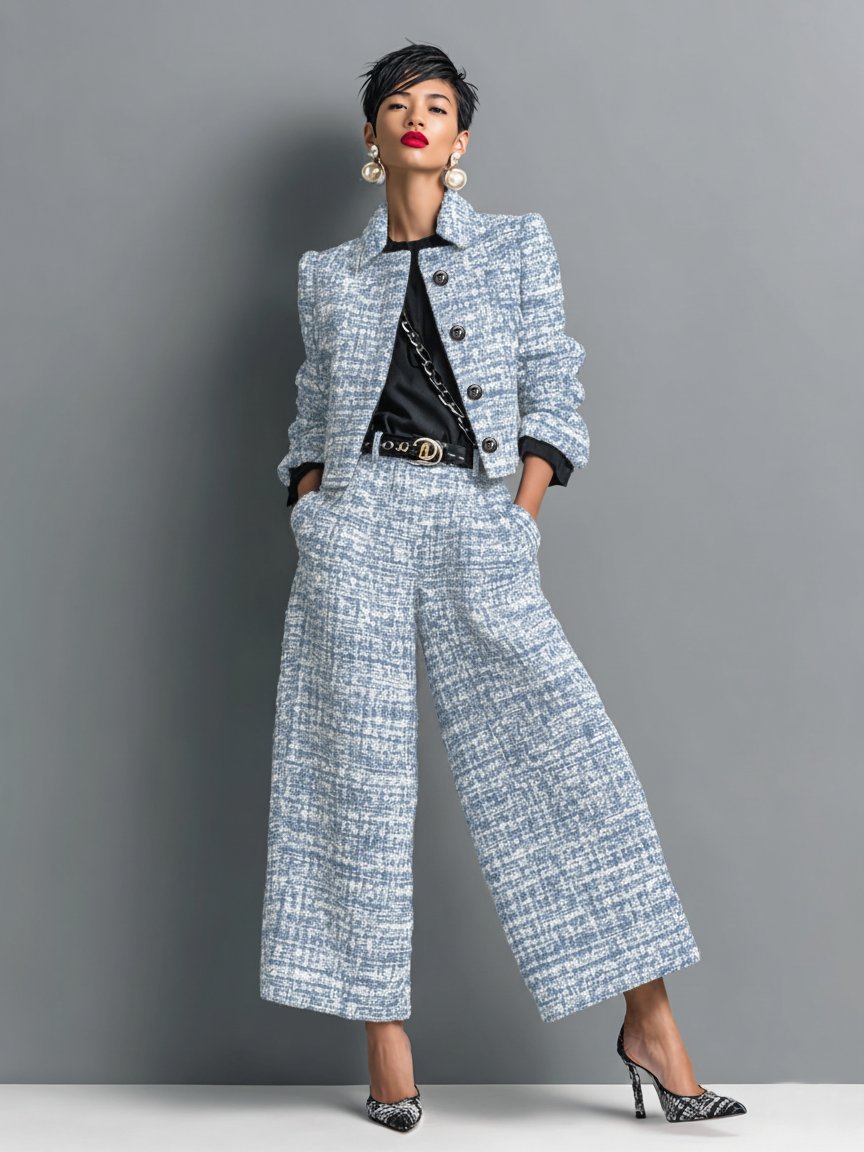Alessandra | Women's Tweed Cropped Jacket and High Waisted Wide Leg Pants Two-Piece Set