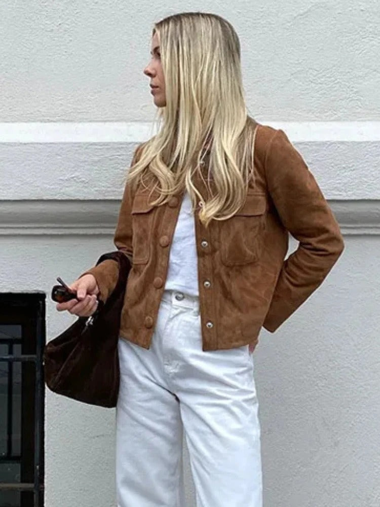 Giselle | Women's Suede-Look Brown Cropped Button-Front Chore Jacket