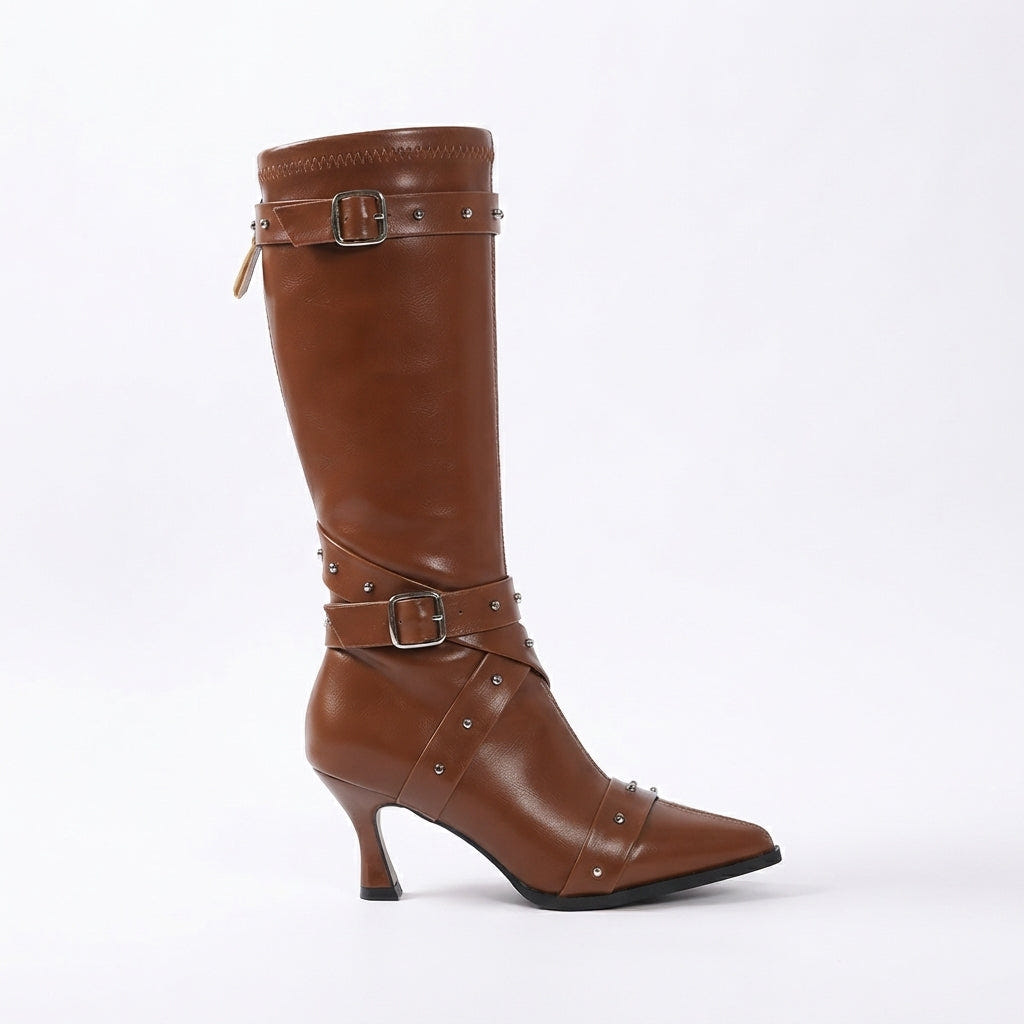 Fabiola | Women's Studded Buckle Faux Leather Pointed Toe Block Heel Knee High Boot