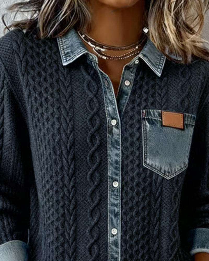 Sierra | Women's Cable Knit Button-Front Denim-Look Long Sleeve Shirt