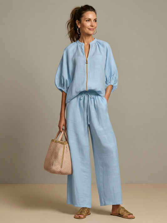 Blanche | Women's Linen Blend Zip-Front Balloon Sleeve Wide Leg Two-Piece Set