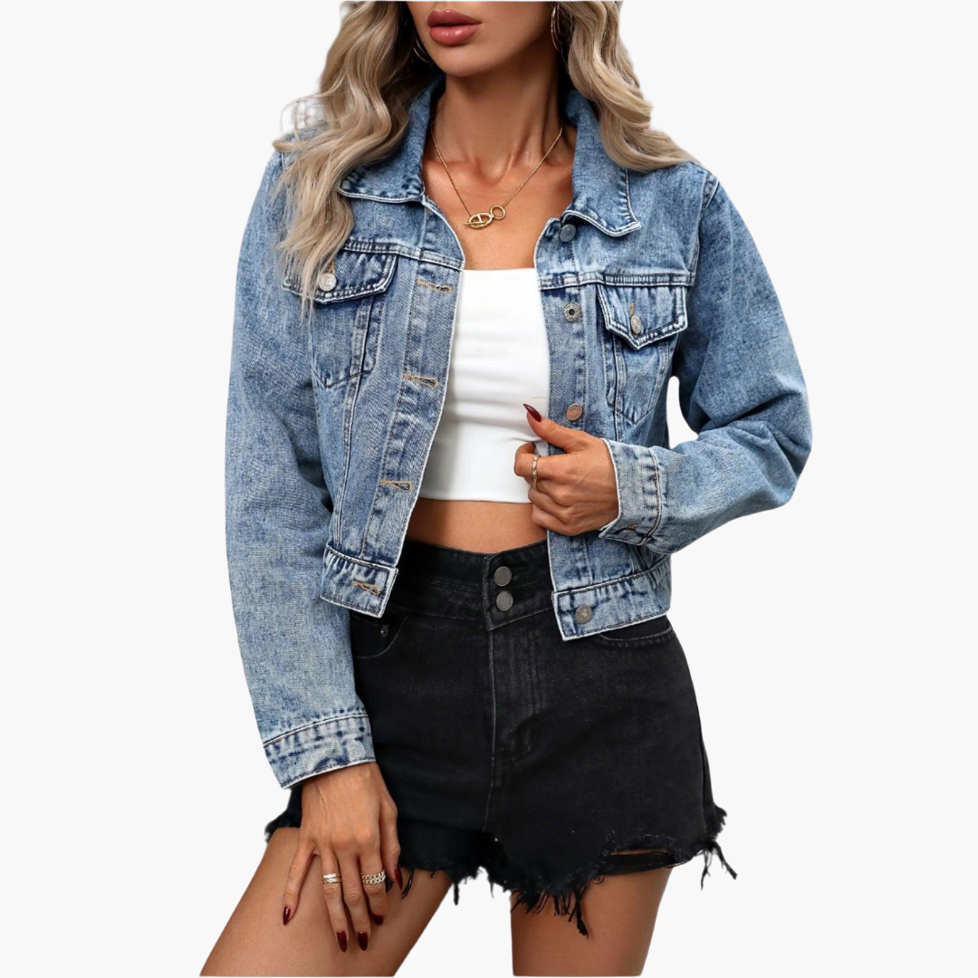 Brielle | Women's Cropped Button-Front Long Sleeve Denim Jacket
