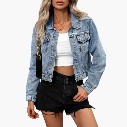 Brielle | Women's Cropped Button-Front Long Sleeve Denim Jacket