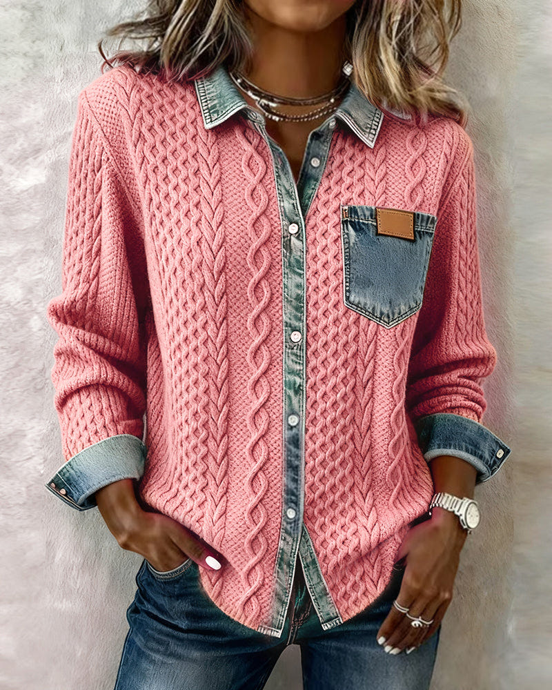Sierra | Women's Cable Knit Button-Front Denim-Look Long Sleeve Shirt