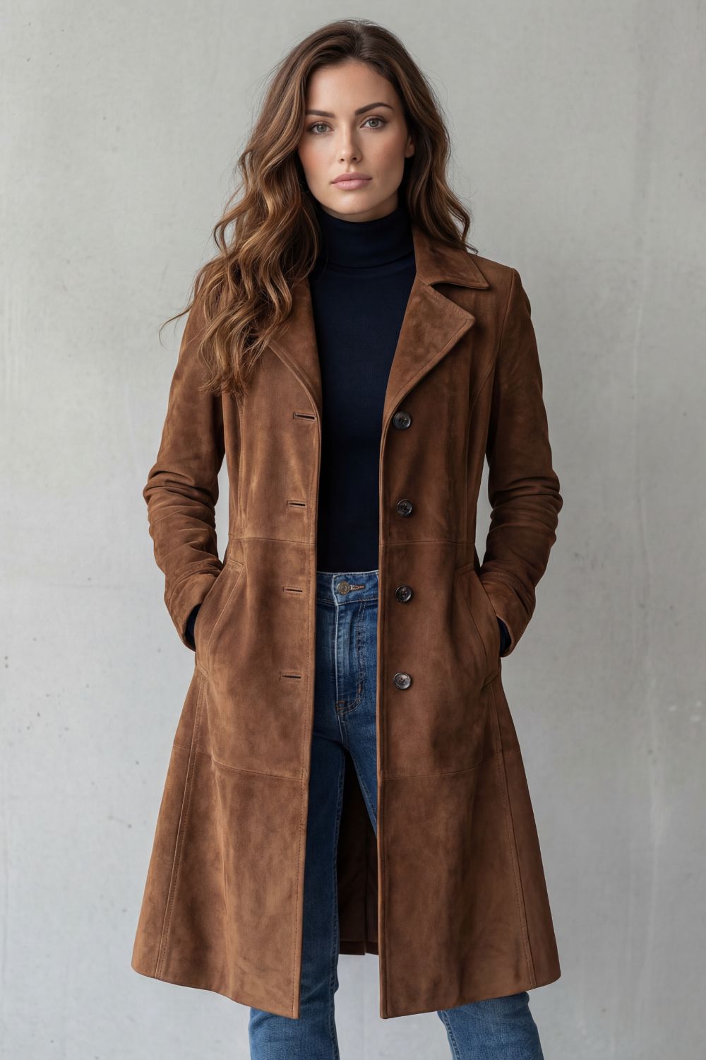 Coralene | Women's Suede-Look Tailored Single-Breasted Notched Lapel Long Coat