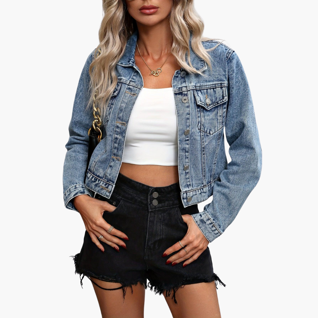 Brielle | Women's Cropped Button-Front Long Sleeve Denim Jacket