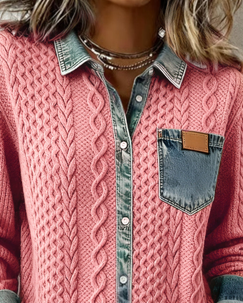 Sierra | Women's Cable Knit Button-Front Denim-Look Long Sleeve Shirt