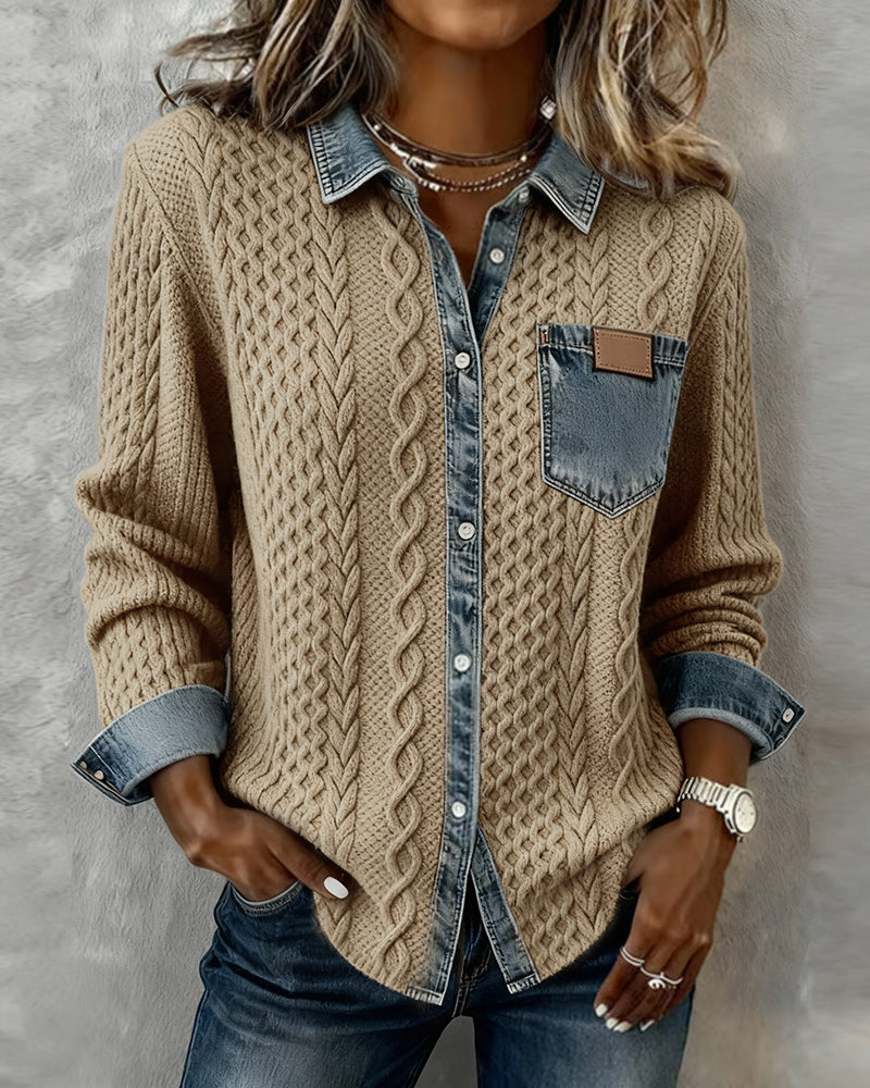 Sierra | Women's Cable Knit Button-Front Denim-Look Long Sleeve Shirt