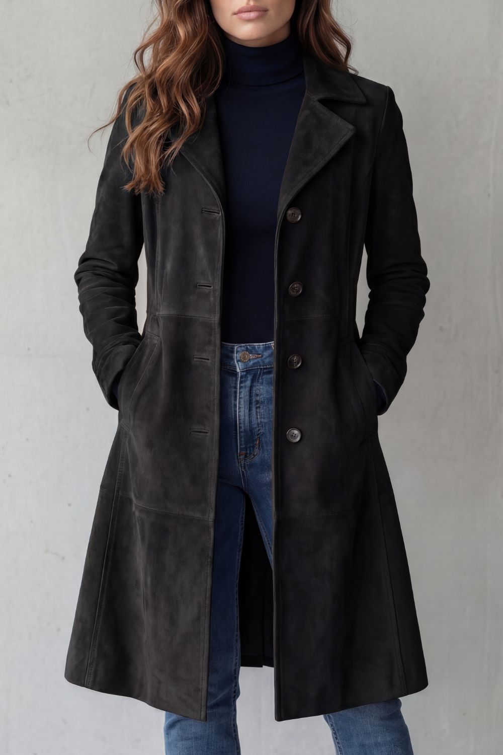 Coralene | Women's Suede-Look Tailored Single-Breasted Notched Lapel Long Coat