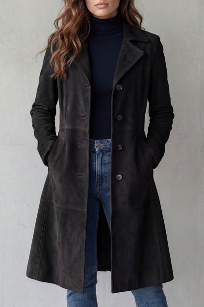 Coralene | Women's Suede-Look Tailored Single-Breasted Notched Lapel Long Coat