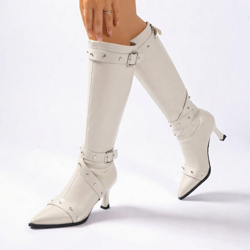 Fabiola | Women's Studded Buckle Faux Leather Pointed Toe Block Heel Knee High Boot