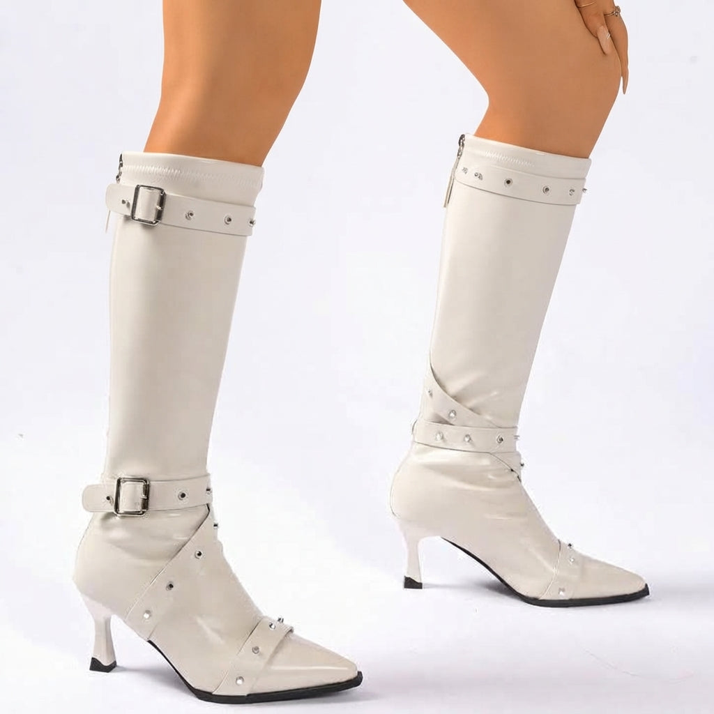 Fabiola | Women's Studded Buckle Faux Leather Pointed Toe Block Heel Knee High Boot
