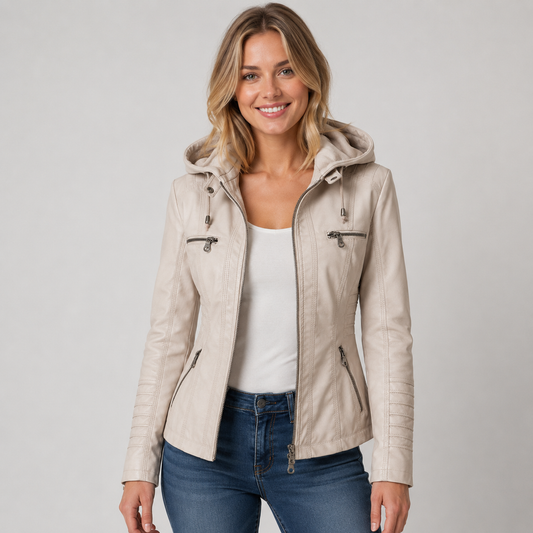 Amira | Women's Faux Leather Hooded Biker Zip Up Jacket