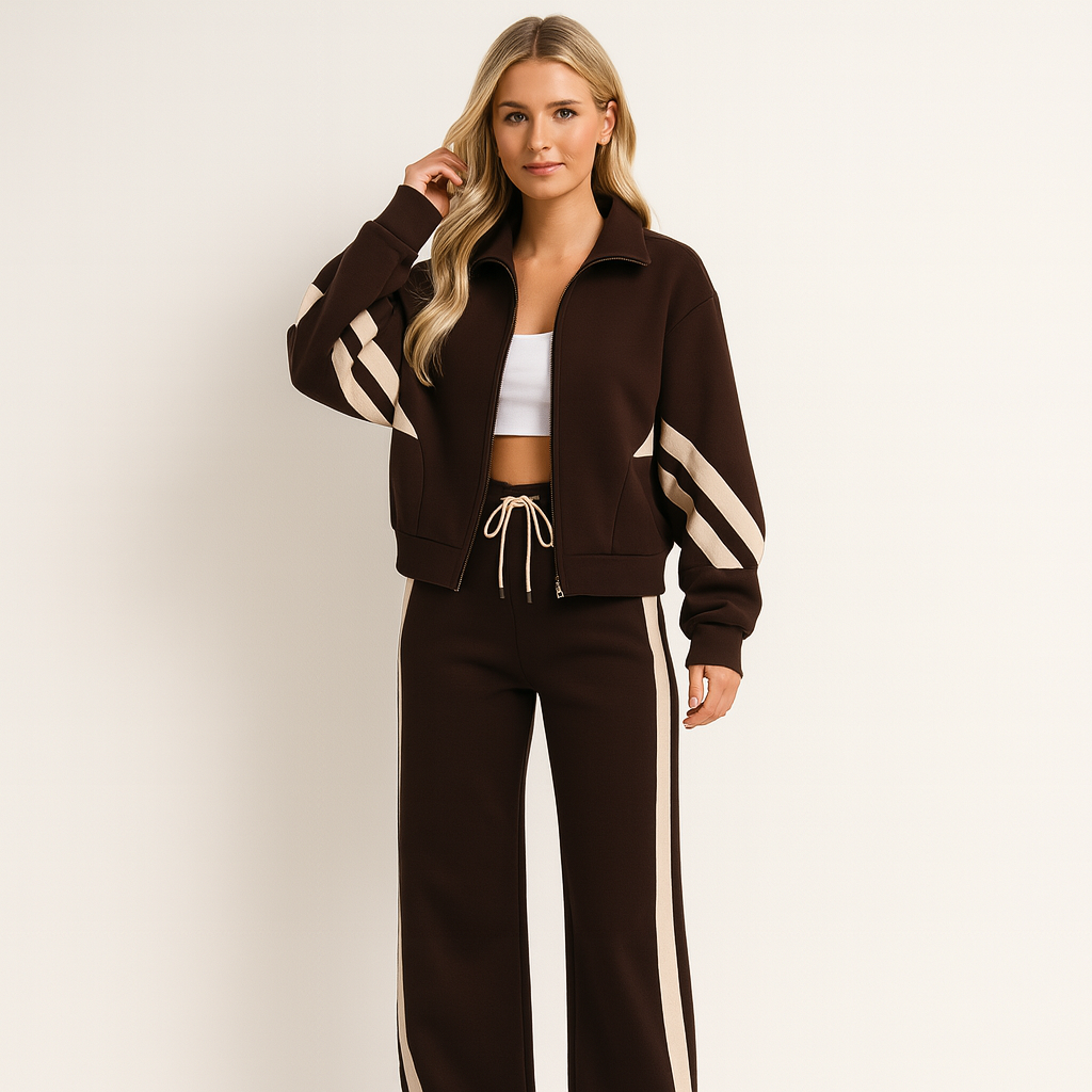 Clemente | Women's Striped Zip-Up Track Jacket and Wide Leg Trousers Two-Piece Set