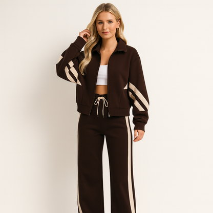 Clemente | Women's Striped Zip-Up Track Jacket and Wide Leg Trousers Two-Piece Set
