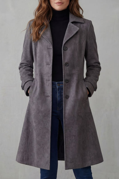 Coralene | Women's Suede-Look Tailored Single-Breasted Notched Lapel Long Coat