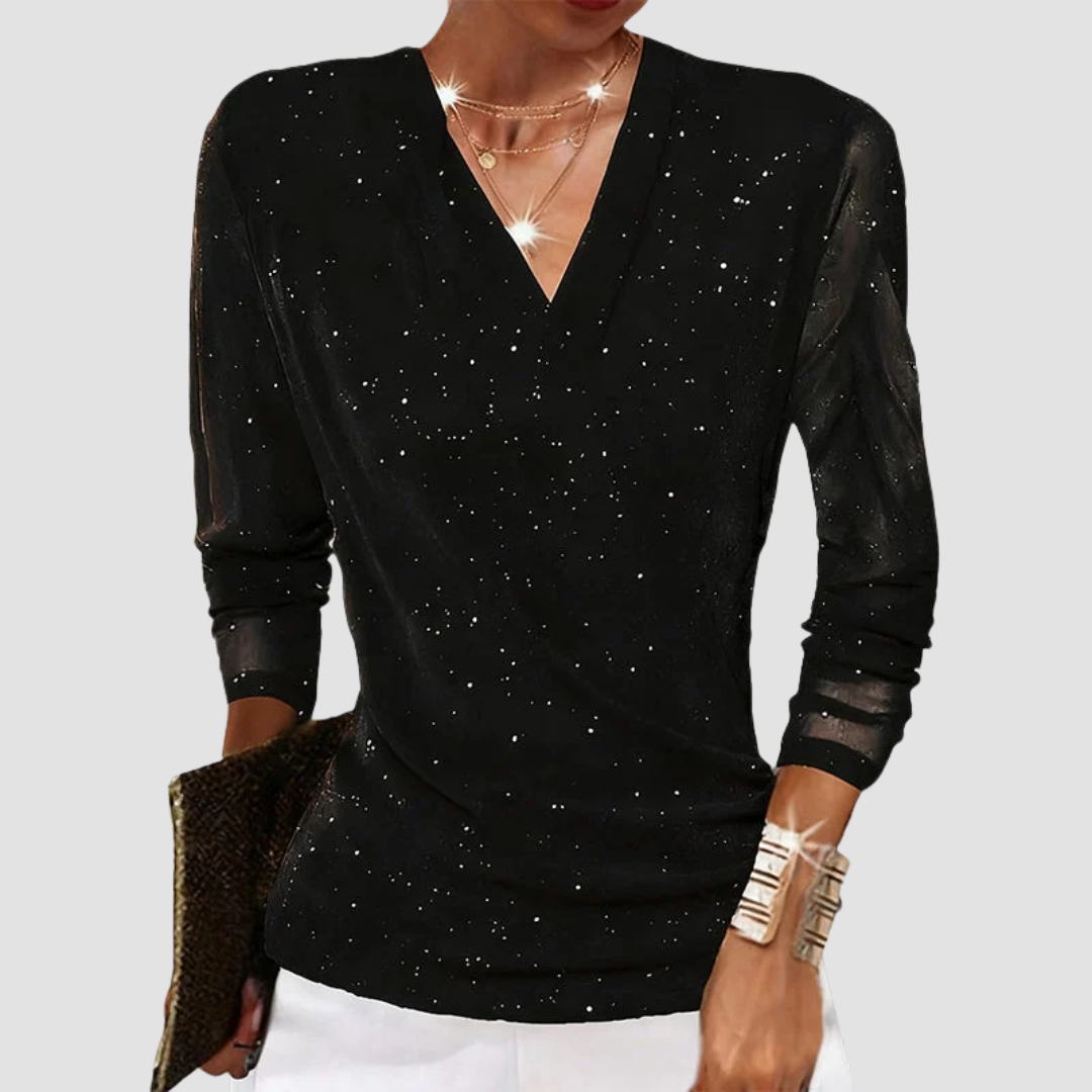 Maribel | Women's V-Neck Long Sleeve Draped Sparkle Blouse