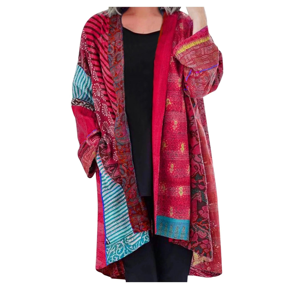 Thea | Women's Vintage Patchwork Print Open Front Long Cardigan
