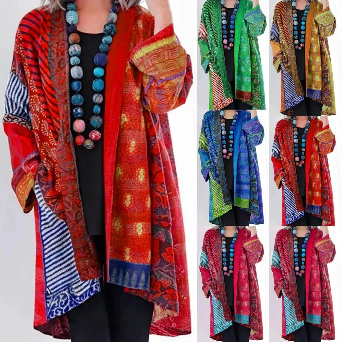 Thea | Women's Vintage Patchwork Print Open Front Long Cardigan