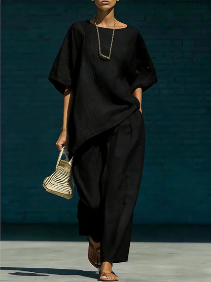 Kalynra | Women's Relaxed Asymmetric Hem Wide Leg Two-Piece Set