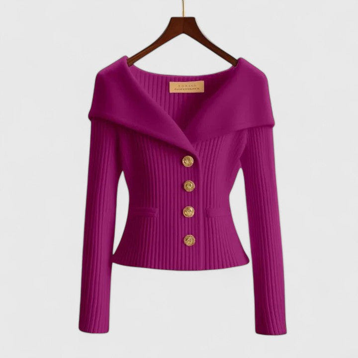 Chelsea | Women's Ribbed Fold-Over Collar Button-Up Knit Cardigan Sweater