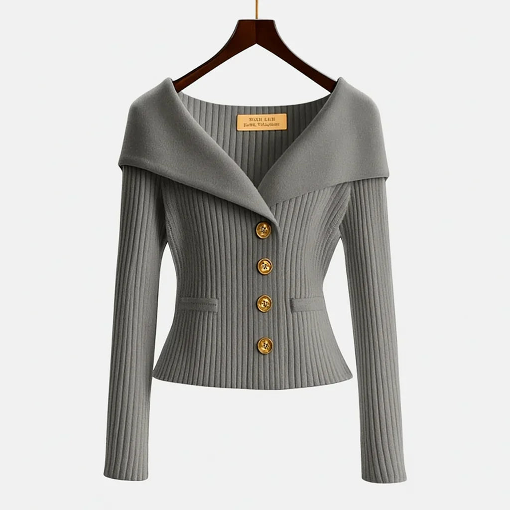 Chelsea | Women's Ribbed Fold-Over Collar Button-Up Knit Cardigan Sweater