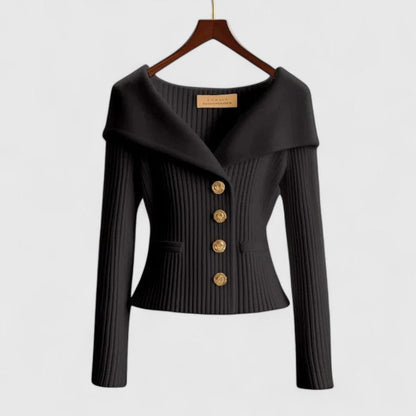 Chelsea | Women's Ribbed Fold-Over Collar Button-Up Knit Cardigan Sweater