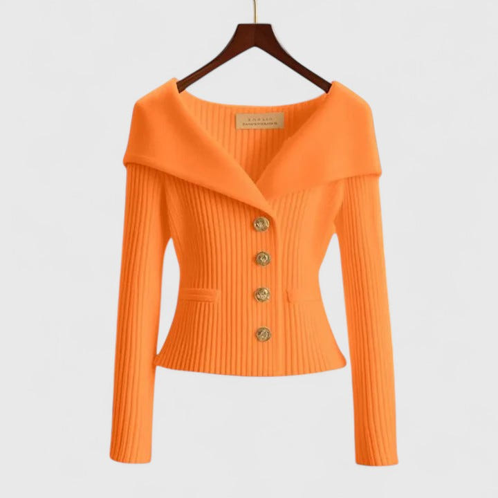 Chelsea | Women's Ribbed Fold-Over Collar Button-Up Knit Cardigan Sweater