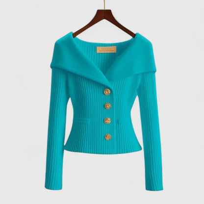 Chelsea | Women's Ribbed Fold-Over Collar Button-Up Knit Cardigan Sweater