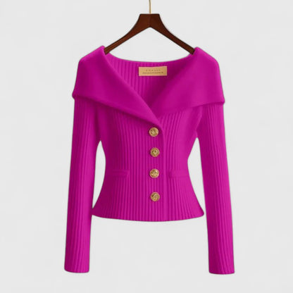 Chelsea | Women's Ribbed Fold-Over Collar Button-Up Knit Cardigan Sweater