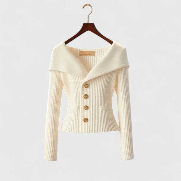 Chelsea | Women's Ribbed Fold-Over Collar Button-Up Knit Cardigan Sweater