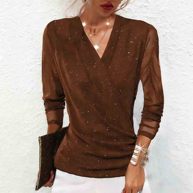 Maribel | Women's V-Neck Long Sleeve Draped Sparkle Blouse