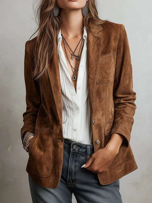 Edwina | Women's Brown Single-Breasted Notch Lapel Patch Pocket Blazer