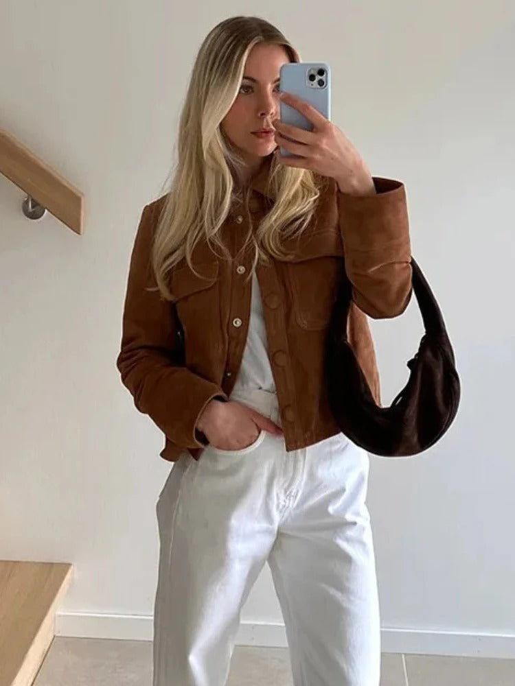 Giselle | Women's Suede-Look Brown Cropped Button-Front Chore Jacket