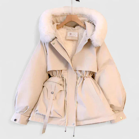 Dinah | Women's Hooded Drawstring Waist Faux Fur Trim Winter Parka Jacket