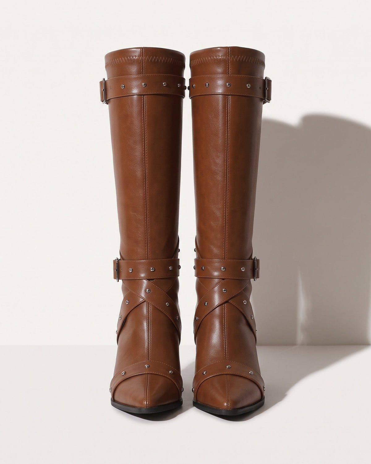 Fabiola | Women's Studded Buckle Faux Leather Pointed Toe Block Heel Knee High Boot