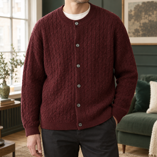 Broderick | Men's Relaxed Cable Knit Crew Neck Button Up Cardigan Sweater