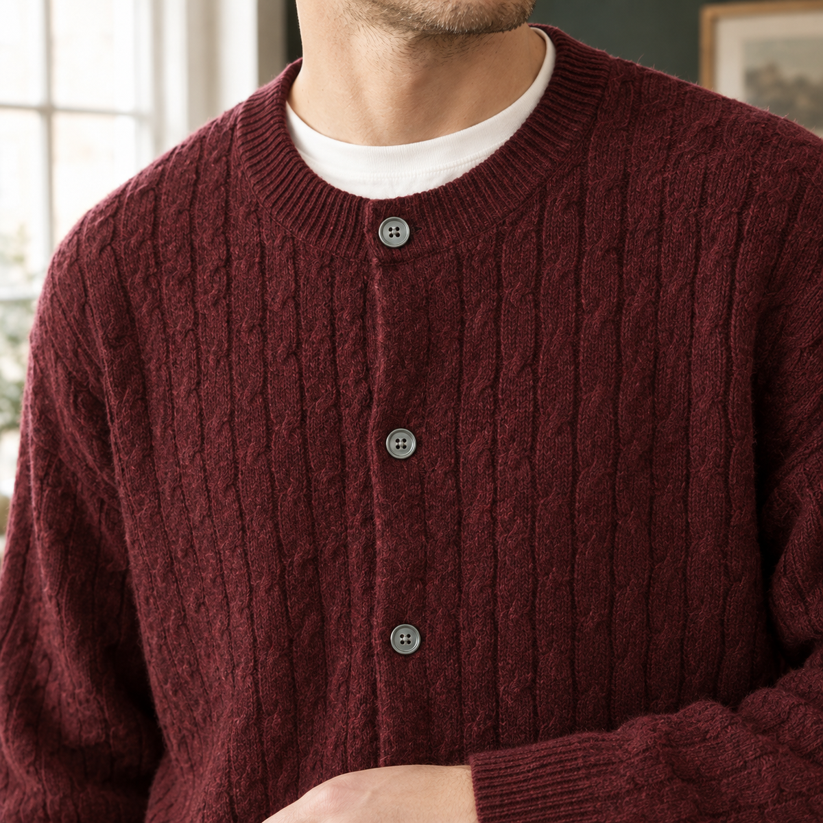 Broderick | Men's Relaxed Cable Knit Crew Neck Button Up Cardigan Sweater