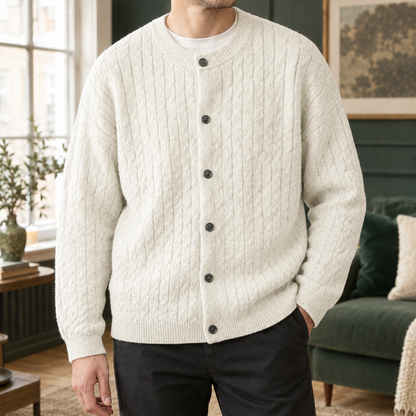 Broderick | Men's Relaxed Cable Knit Crew Neck Button Up Cardigan Sweater