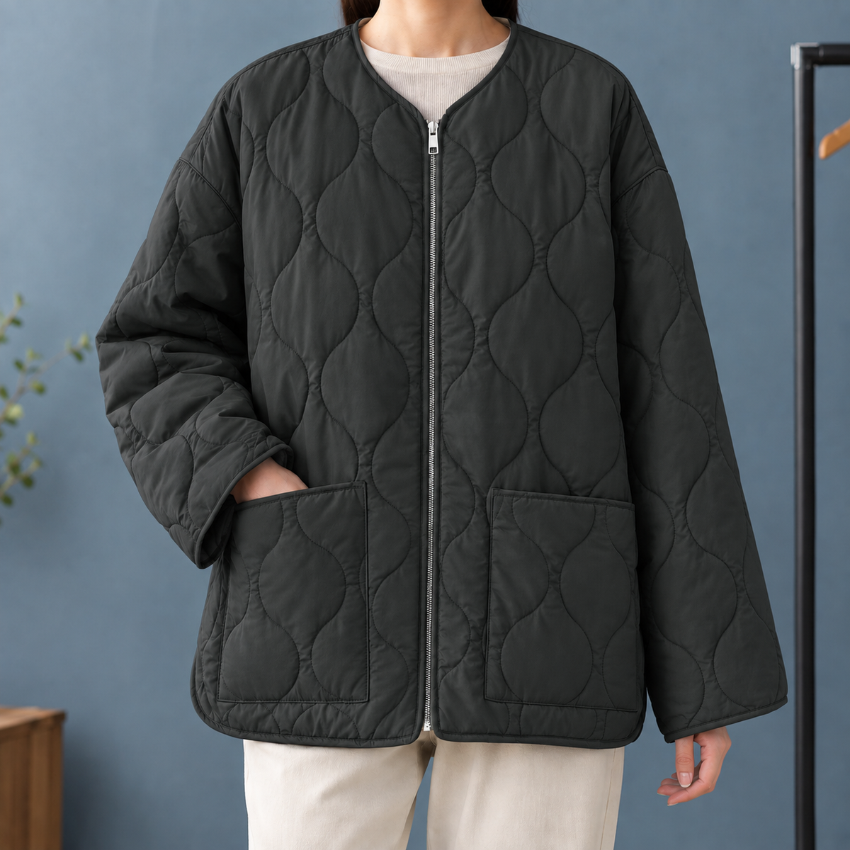Augusta | Women's Collarless Oversized Patch Pocket Quilted Jacket