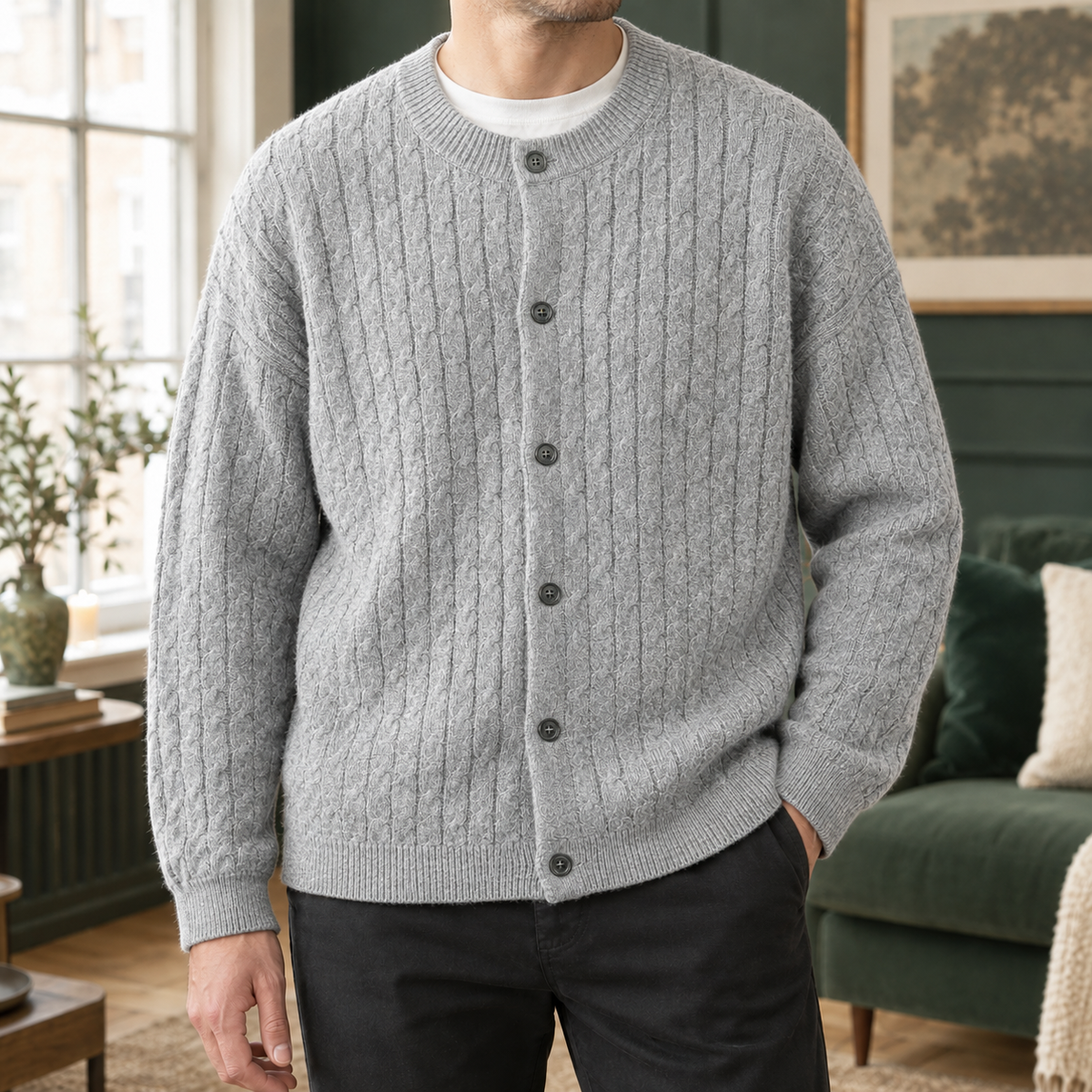 Broderick | Men's Relaxed Cable Knit Crew Neck Button Up Cardigan Sweater