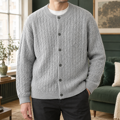 Broderick | Men's Relaxed Cable Knit Crew Neck Button Up Cardigan Sweater