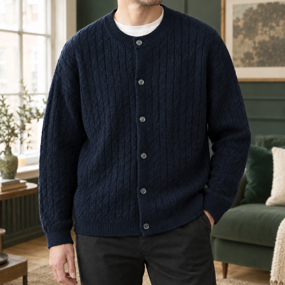 Broderick | Men's Relaxed Cable Knit Crew Neck Button Up Cardigan Sweater