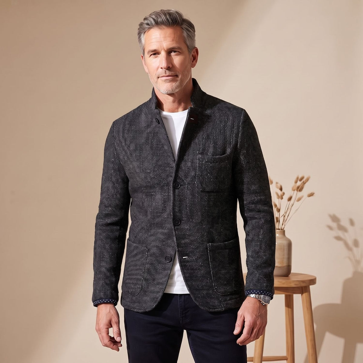 Douglas | Men's Slim Fit Stand Collar Knit Button Up Cardigan Blazer