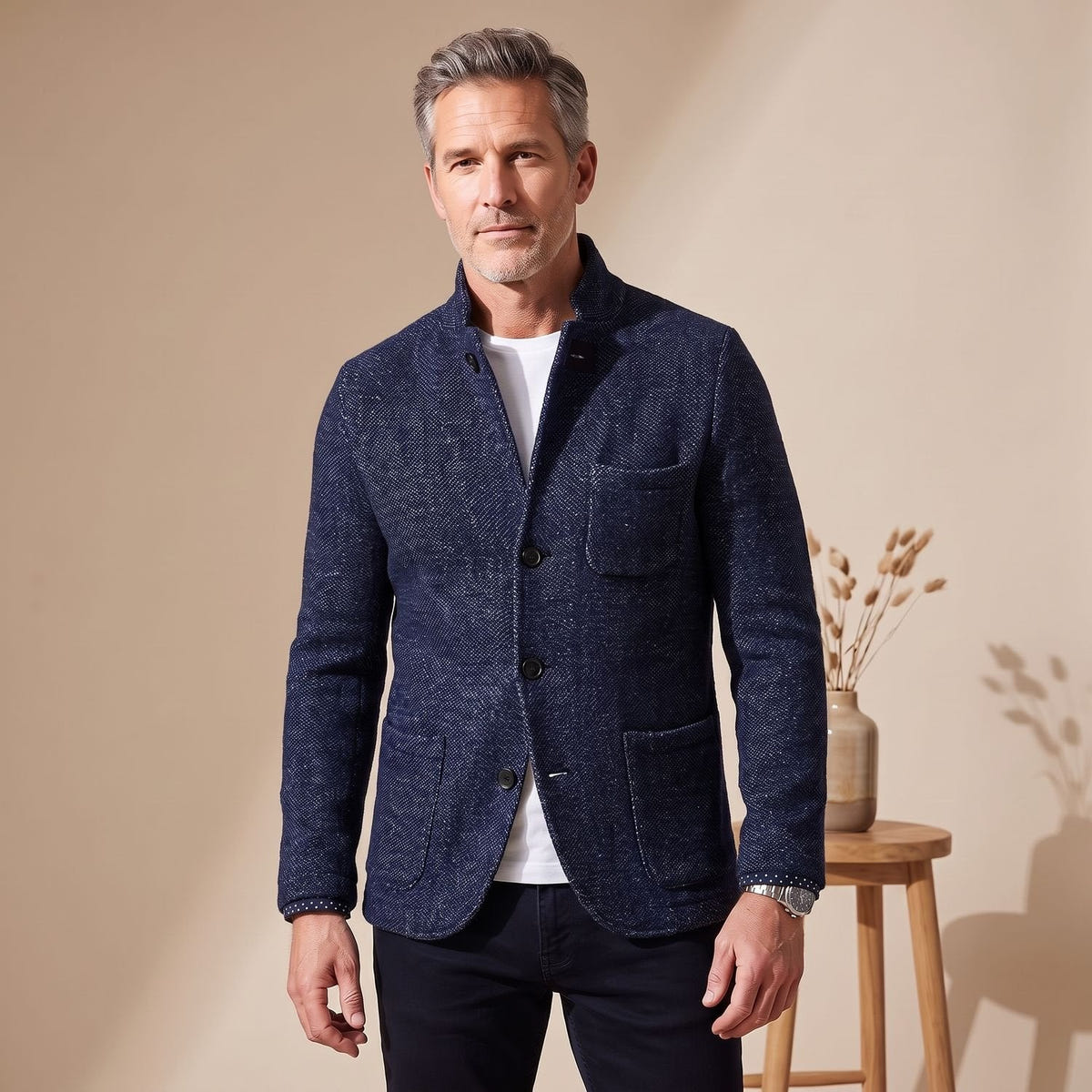 Douglas | Men's Slim Fit Stand Collar Knit Button Up Cardigan Blazer