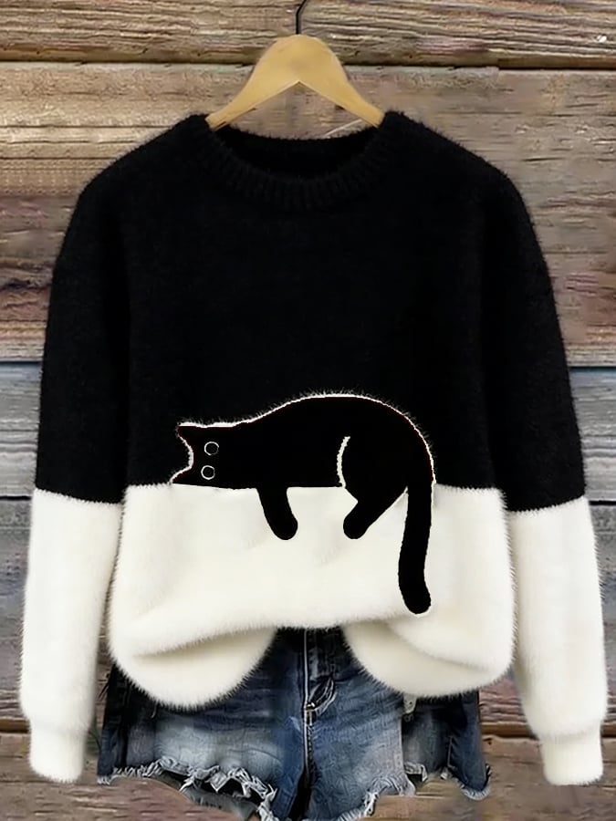 Arlene | Women's Cozy Fuzzy Colour Block Crew Neck Cute Pullover Sweater