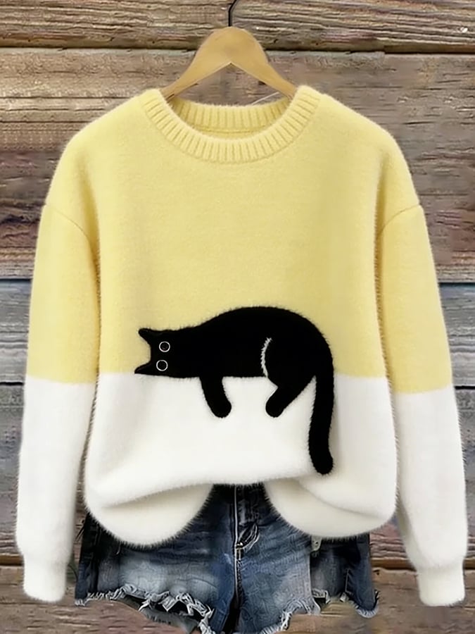Arlene | Women's Cozy Fuzzy Colour Block Crew Neck Cute Pullover Sweater